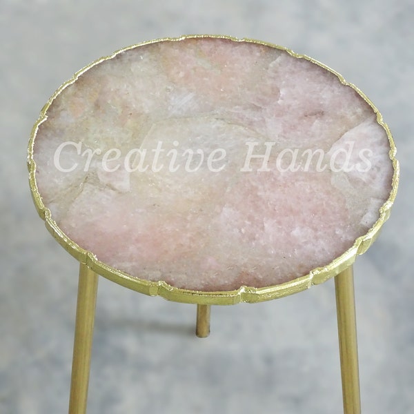 Rose Quartz Table with Uneven Edges, Occasional Round Table, Composite Agate Side Table