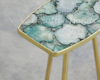 Handcrafted Green Agate Drink Table: Gold Plated Edge