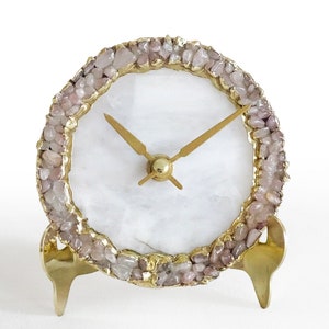 White Agate Clock with Rose Quartz Crystal Gemstones, Modern Desk/Wall Clock, Perfect Gift, House warming gifts. image 2