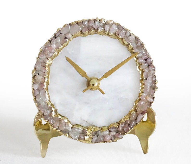 White Agate Clock with Rose Quartz Crystal Gemstones, Modern Desk/Wall Clock, Perfect Gift, House warming gifts. image 2