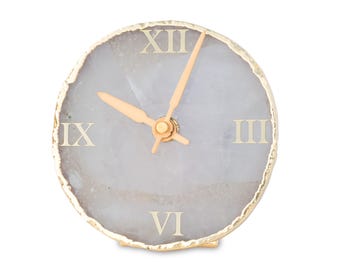 Handcrafted White Agate Clock: Gold Plated Desk Decor