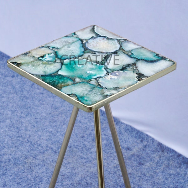 Green Agate Square Table, Occasional Square, Composite Agate Side Table