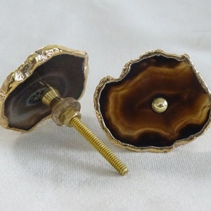 May include: Two brown agate drawer pulls with gold trim. The pulls have a natural, irregular shape and are attached to gold screws.