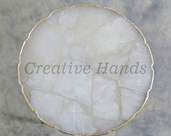 White Quartz Side Table – Handcrafted Natural Stone with Gold Plated Edge