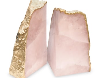 Rose Quartz Bookends with Gold Plated Edge Bookshelf Decor