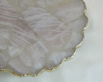 Juego de bandejas de queso de cuarzo rosa: posavasos de piedra natural con borde dorado