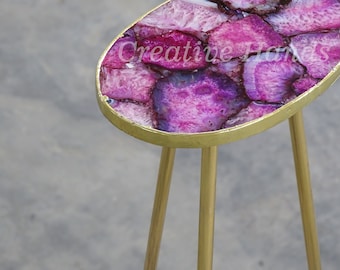 Handcrafted Pink Agate Side Table: Gold Plated Legs