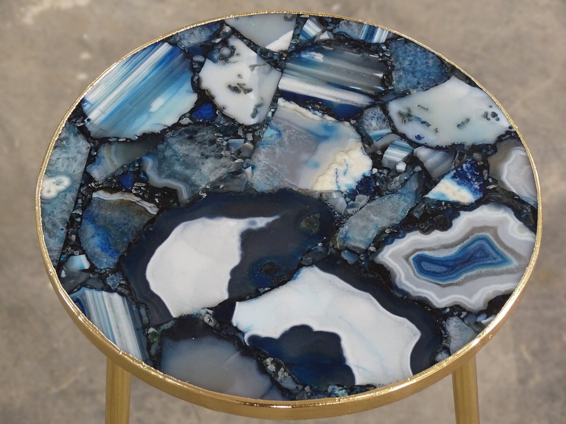 Blue Agate Table Occasional Round Table Composite Agate Side Etsy