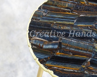 Blue Tiger Eye Agate Side Table: Gold Plated Edge, Uneven Edges