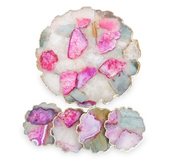 Multi Color Agate Cheese Platter and Coasters Set: Gold Plated Table Decor