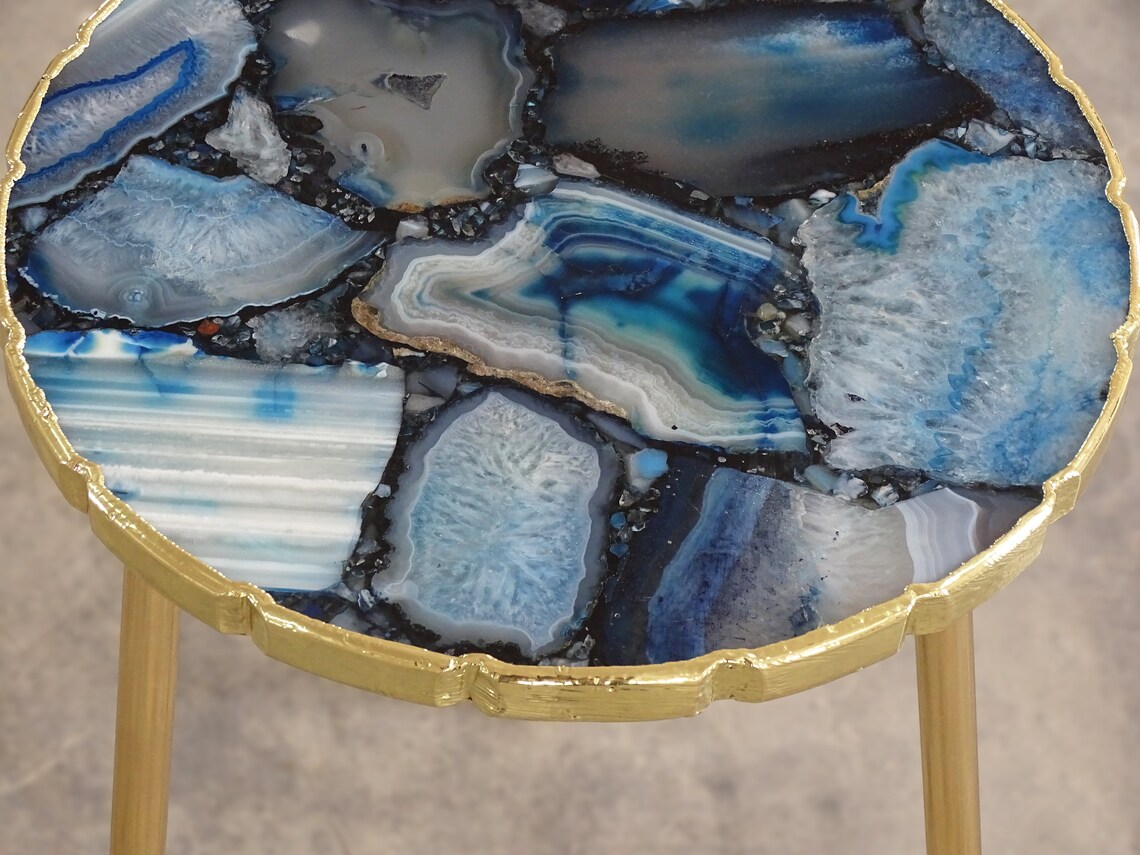 Blue Agate Table With Uneven Edges Occasional Round Table Etsy