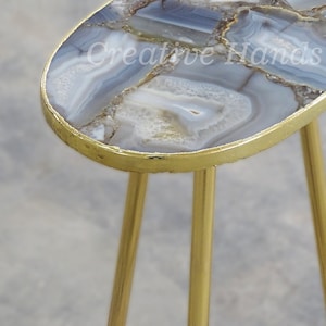 Handcrafted Banded Agate Table: Gold Plated Edge, Removable Legs