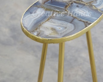 Handcrafted Banded Agate Table: Gold Plated Edge, Removable Legs