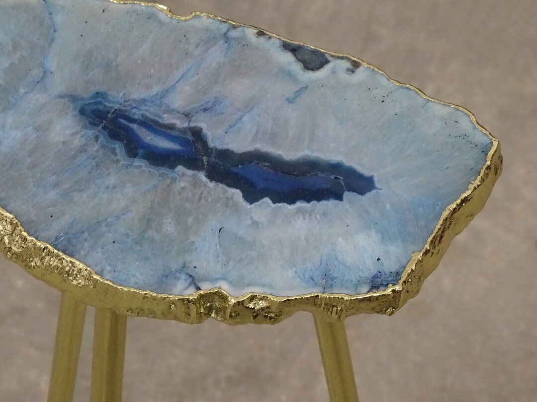Blue Agate Drink Table, Single Slice Agate Drink Table With Uneven