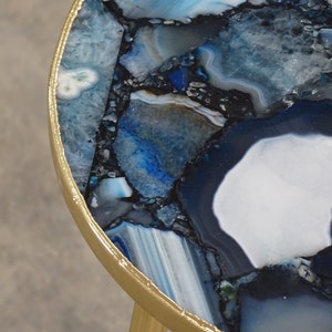 Handcrafted Blue Agate Side Table: Gold Plated Edge