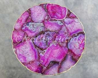 Handcrafted Pink Agate Side Table: Gold Plated Edge, Removable Legs