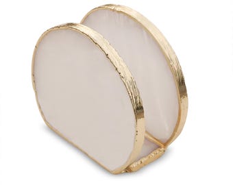 White Agate Napkin Holder with Gold Plated Edge