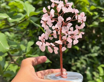 Rose Quartz Crystal Tree: Copper Wire, Agate Base, Healing Decor