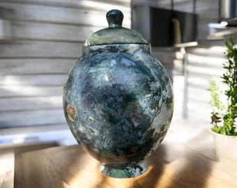 Large Moss Agate Crystal Jar with Lid: Metaphysical Home Decor