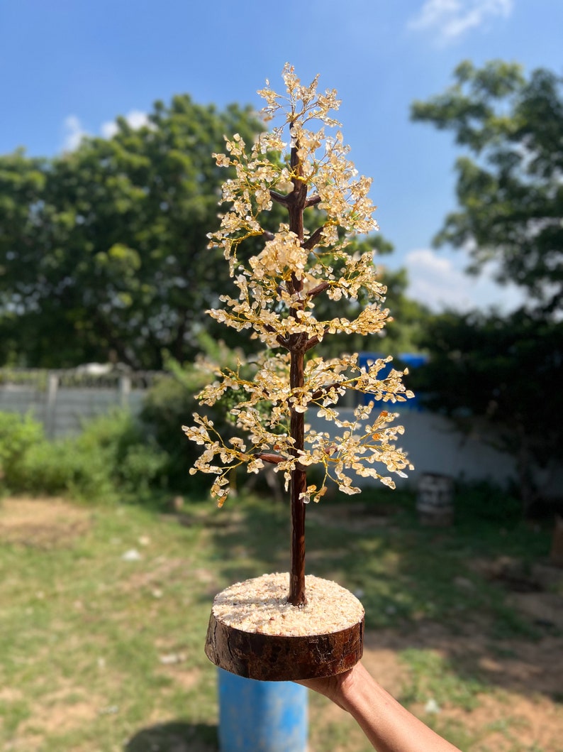 May include: A crystal tree with a brown wooden base. The tree is made of clear quartz crystals and is about 12 inches tall. The base is made of a natural wood slice and is about 4 inches in diameter.