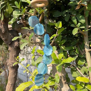 Schijfje blauwe agaat windgong, edelsteen suncatcher, tuindecoratie
