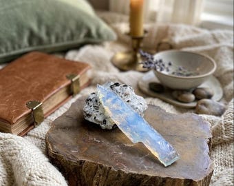 Hand Knapped Opalite Crystal Knife, Wicca Athame, Ritual Tool, Altar Decor