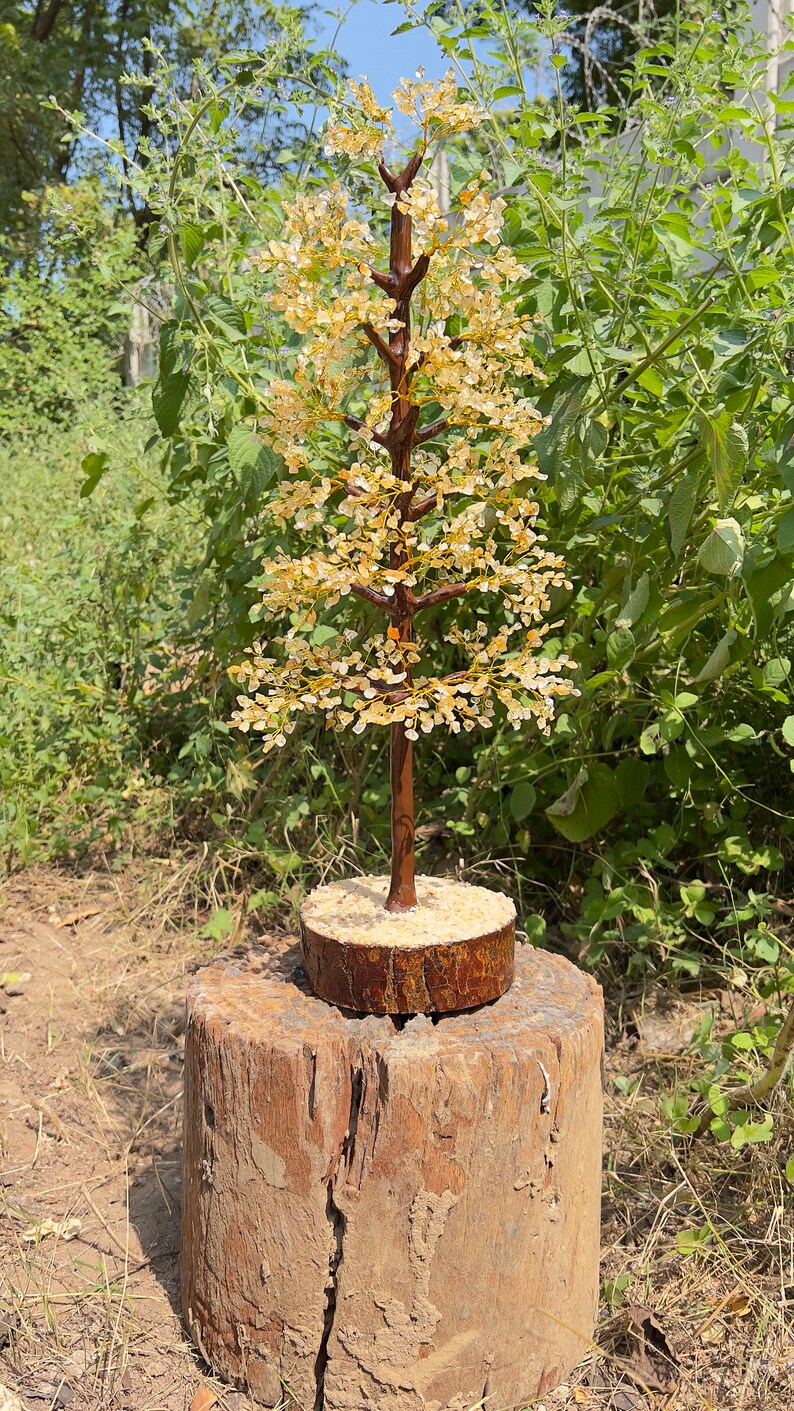 May include: A crystal tree made of clear and amber colored stones, with a brown wooden base. The tree is sitting on a wooden stump.