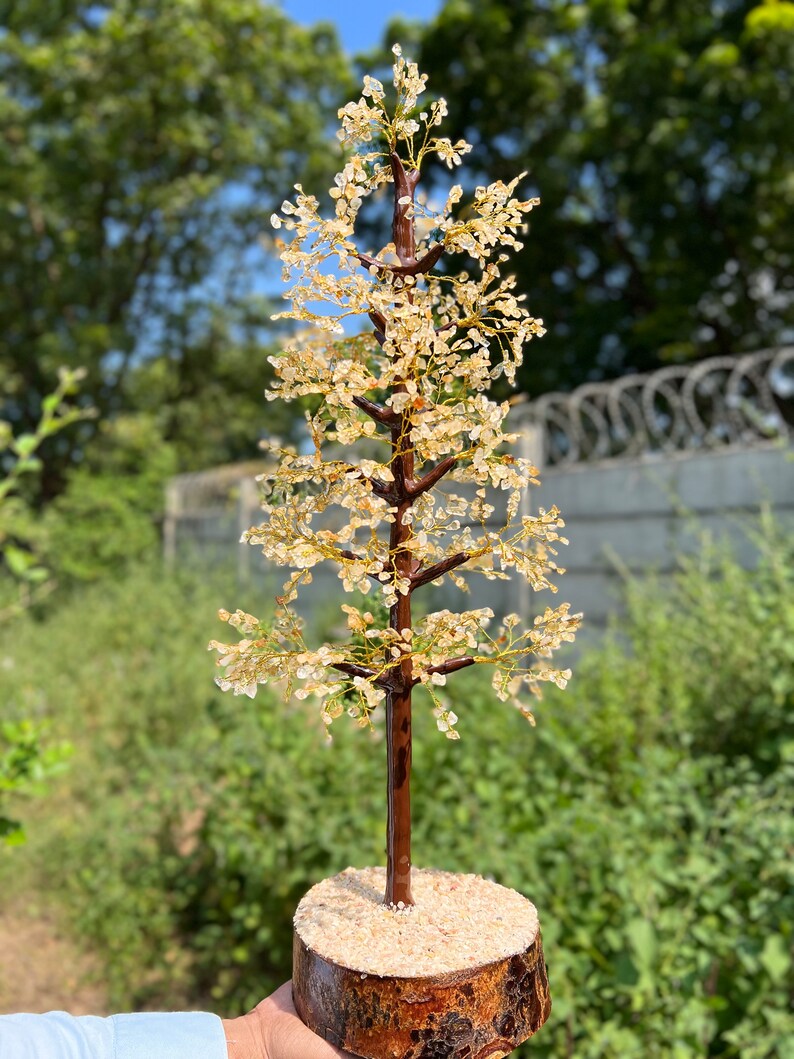 May include: A crystal tree made of clear quartz crystals on a brown wooden base. The tree is about 12 inches tall and has a natural, organic look.