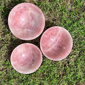 May include: Three polished rose quartz spheres, each with a soft pink hue and natural veining. The spheres are displayed on a bed of green grass, creating a natural and earthy aesthetic. These spheres are ideal for home decor or crystal healing.