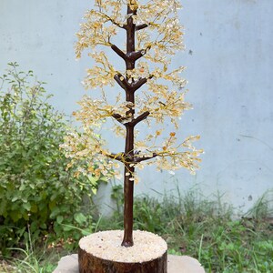 May include: A crystal tree made of clear and amber-colored stones, with a brown wooden base and a sand-filled pot. The tree is on a weathered tree stump.