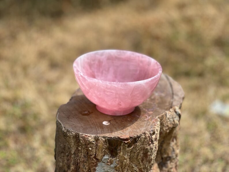 May include: A pink rose quartz bowl with a rounded shape and a small, circular base. The bowl is set on a weathered, brown tree stump against a blurred, natural background. The bowl's color is a soft, translucent pink.