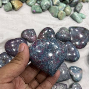 Ruby Kyanite Hearts Stone With Nice Little Ruby Polished Ruby Kyanite Crystal Hearts Pocket Carving Stone UV Reactive Kyanite Hearts Stone