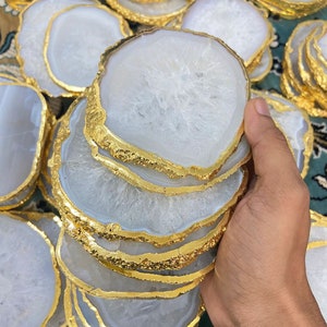 100pc 4"Natural White Agate Coasters With Gold Plating, White Agate Round Slices, Round Coasters, Agate Slices,Round Slices For Dining Table