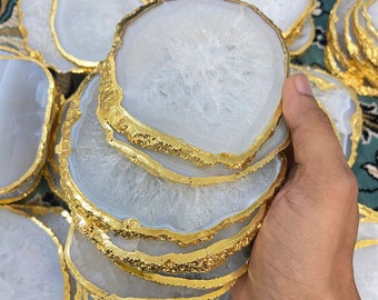 100pc 4"Natural White Agate Coasters With Gold Plating, White Agate Round Slices, Round Coasters, Agate Slices,Round Slices For Dining Table