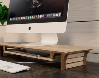 Walnut Wood Monitor Stand 30" with Shelf: Desk Organizer