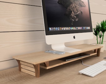 Walnut Wood Monitor Stand 35" With Shelf: Ergonomic Riser