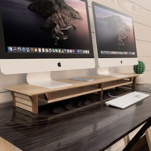 Personalized Dual Computer Monitor Stand, Screen Stand, Monitor Riser, Mac  Stand,side Shelf and Full Shelf,includes 15W Wireless Charger 