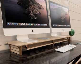 Soporte para dos monitores de madera de nogal de 45" con estante opcional.