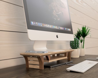 Walnut Wood Monitor Stand: 20" Desk Riser with Shelf