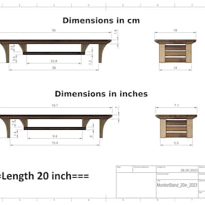 Puede incluir: Dibujo t&eacute;cnico de un soporte de monitor de madera con dimensiones en cent&iacute;metros y pulgadas. El soporte tiene 20 pulgadas (50,8 cm) de largo y una repisa. El dibujo incluye el texto "MonitorStand_20in_2023" y "Length 20 inch".
