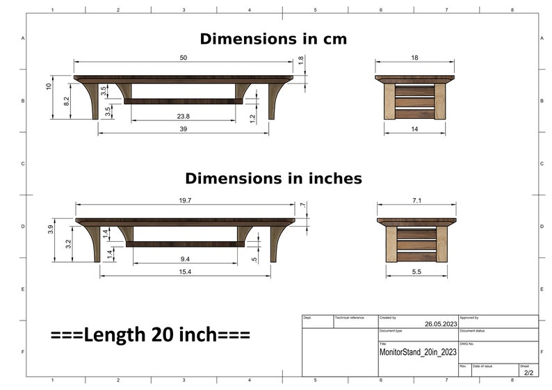 Puede incluir: Dibujo t&eacute;cnico de un soporte de monitor de madera con dimensiones en cent&iacute;metros y pulgadas. El soporte tiene 20 pulgadas (50,8 cm) de largo y una repisa. El dibujo incluye el texto "MonitorStand_20in_2023" y "Length 20 inch".