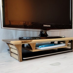 Solid Wood Monitor Stand 20" With Shelf. Walnut Solid Hardwood. Oil and Wax Finish. Custom Wooden desk shelf organiser for pc monitor riser.