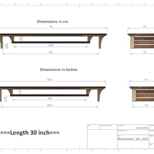 Puede incluir: Un dibujo t&eacute;cnico de un soporte de monitor de madera con dimensiones en cent&iacute;metros y pulgadas. El soporte tiene 76 cm de largo y una repisa. El dibujo incluye el texto "===Length 30 inch===", "MonitorStand_30in_2023" y "2/2".