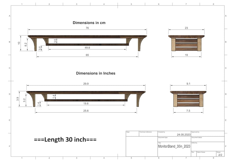 Puede incluir: Un dibujo t&eacute;cnico de un soporte de monitor de madera con dimensiones en cent&iacute;metros y pulgadas. El soporte tiene 76 cm de largo y una repisa. El dibujo incluye el texto "===Length 30 inch===", "MonitorStand_30in_2023" y "2/2".