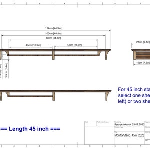 Puede incluir: Plano t&eacute;cnico de un soporte de monitor de 45 pulgadas con dos estantes. El soporte tiene 114 cm de largo, 103 cm de ancho y 88 cm de alto. Los estantes tienen 43 cm de largo y 3,5 cm de ancho. El soporte est&aacute; hecho de madera y tiene un acabado marr&oacute;n.