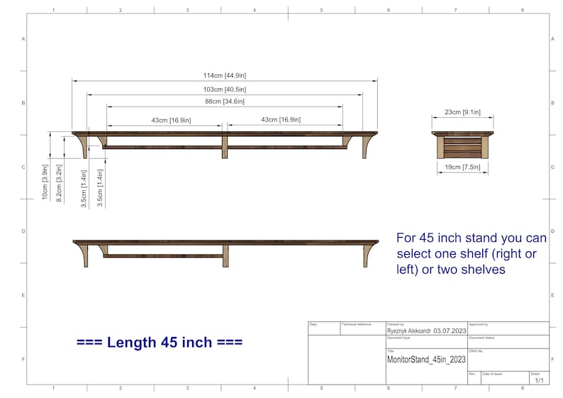 Puede incluir: Plano t&eacute;cnico de un soporte de monitor de 45 pulgadas con dos estantes. El soporte tiene 114 cm de largo, 103 cm de ancho y 88 cm de alto. Los estantes tienen 43 cm de largo y 3,5 cm de ancho. El soporte est&aacute; hecho de madera y tiene un acabado marr&oacute;n.