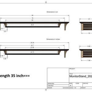 Puede incluir: Dibujo t&eacute;cnico de un soporte para monitor de 35 pulgadas con dimensiones en cent&iacute;metros y pulgadas. El soporte tiene una parte superior negra y patas de madera marr&oacute;n. El dibujo incluye el t&iacute;tulo "MonitorStand_2023" y el texto "Length 35 inch".