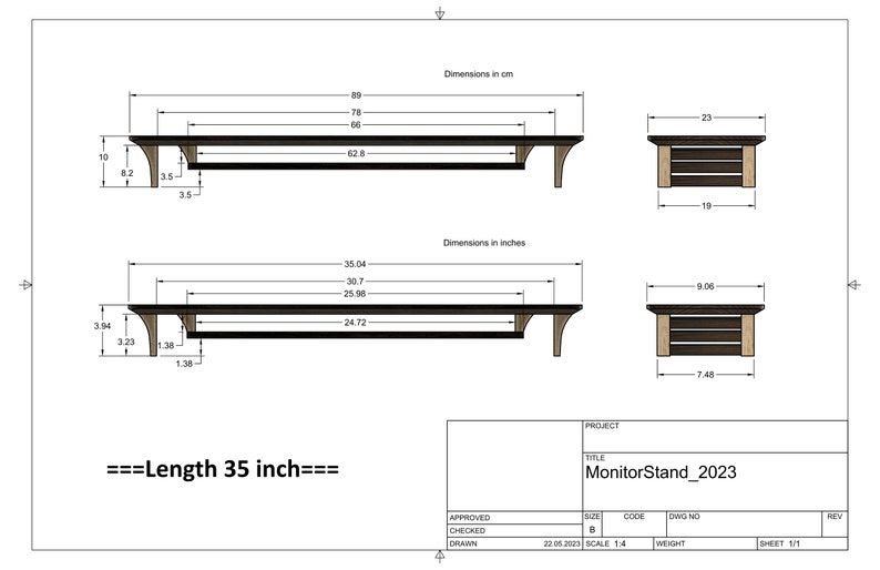 Puede incluir: Dibujo t&eacute;cnico de un soporte para monitor de 35 pulgadas con dimensiones en cent&iacute;metros y pulgadas. El soporte tiene una parte superior negra y patas de madera marr&oacute;n. El dibujo incluye el t&iacute;tulo "MonitorStand_2023" y el texto "Length 35 inch".