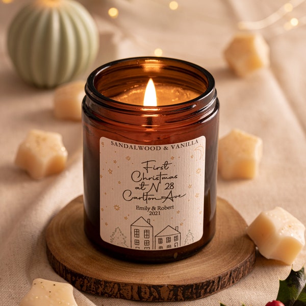 Personalized First Christmas New Home Soy Wax Candle, Housewarming Gift