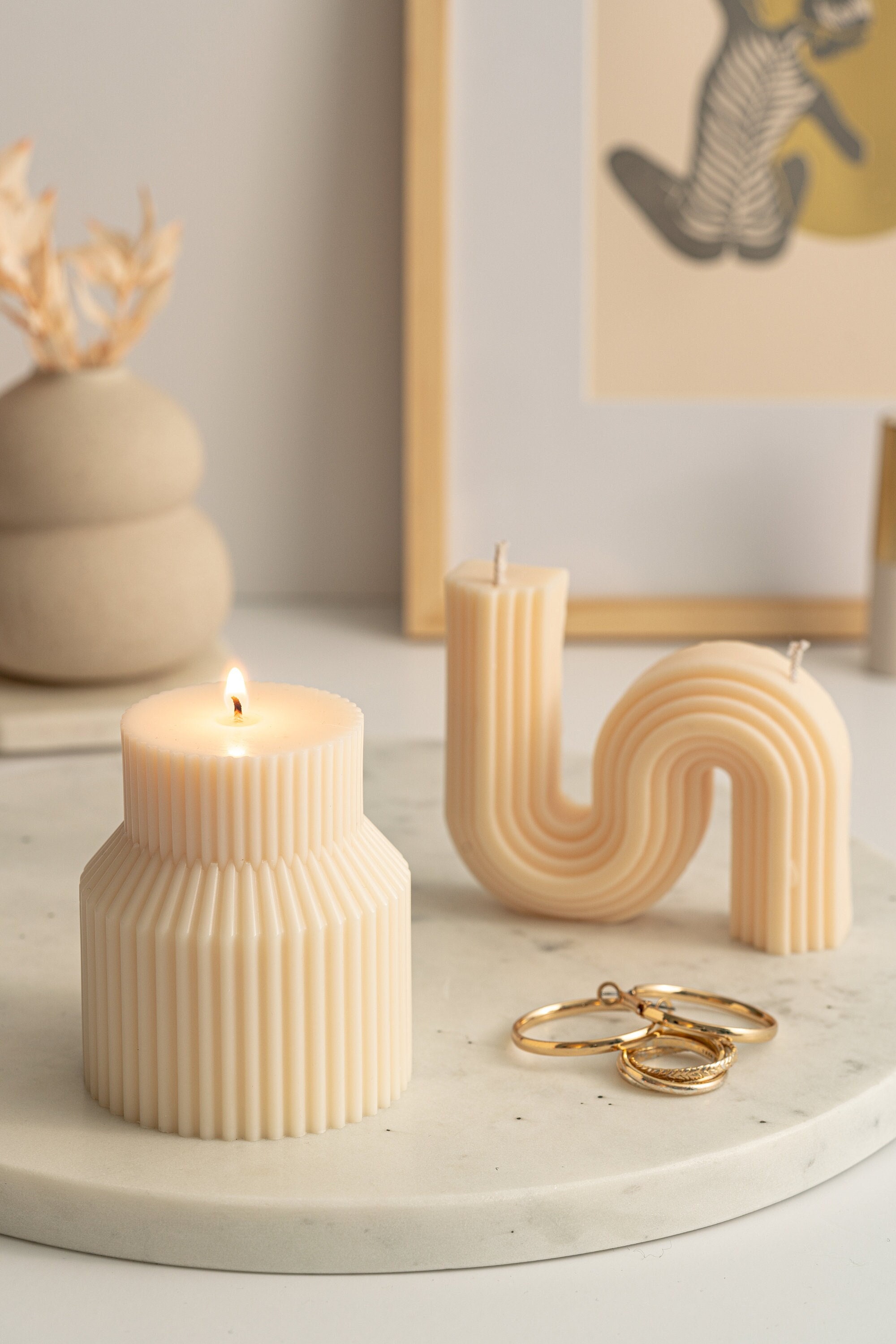 Ribbed Pillar Candle: Vegan Soy Wax, Neutral Home Decor